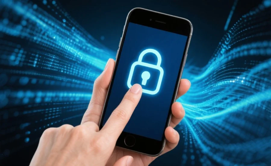 一只手正点击智能手机屏幕，屏幕上显示着加密安全图标，背景为虚拟数据流