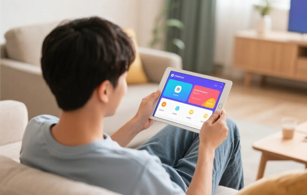 年轻用户在家舒适环境下，使用平板电脑享受流畅的娱乐平台界面，界面色彩明快，操作简便