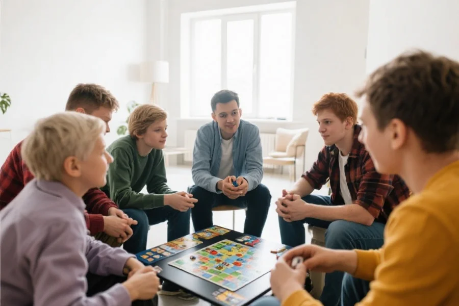 几个不同年龄段的玩家在明亮的房间里围坐一起讨论策略游戏，气氛轻松而专注